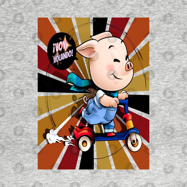 I'm flying! Funny little pig on a scooter on a retro background with the phrase in Spanish: I'm flying! by Rebeldía Pura